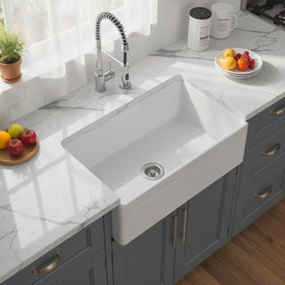 Sunvega 33 Inch White Porcelain Ceramic Farmhouse Kitchen Sink Workstation with Reversible Apron