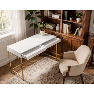 Sunvega White High Gloss Gold Finish Contemporary Vanity Desk with 2 Storage Drawers