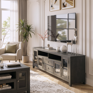 Sunvega Farmhouse Grey Solid Wood TV Media Stand with Glass Doors and Drawers