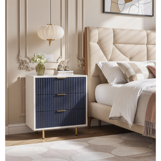 Sunvega Modern White and Navy Blue Fluted 3 Drawer Dresser with Wide Top for Bedroom