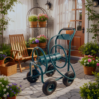 Sunvega 4 Wheel Heavy Duty Water Hose Reel Cart with Storage Basket and Weather Resistant Finish