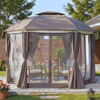 Sunvega 12x12 Round Outdoor Gazebo with Double Roof Netting Sidewalls and Curtains