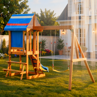 Sunvega Outdoor Wooden Swing Set with Slide, 2 Swings, and Rock Wall Climber