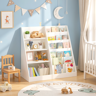 Sunvega Multifunctional 4 Tier Wooden Kids Bookshelf and Toy Storage Organizer with Display Stand