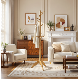 Sunvega Dark Brown Finish 7 Tiers 11 Hooks Solid Wood Coat Rack Stand
