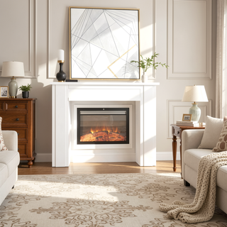Sunvega Freestanding Fireplace Mantel with Baroque Design and Storage Columns