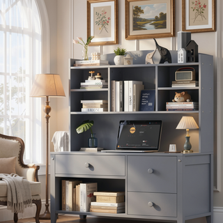 Sunvega Vintage 40 Inch Executive Desk and Upholstered Chair Set with Bookshelf