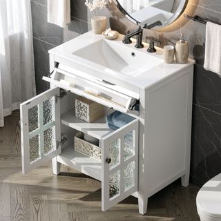 Sunvega Modern 30 Inch Bathroom Vanity with Ceramic Sink and Tempered Glass