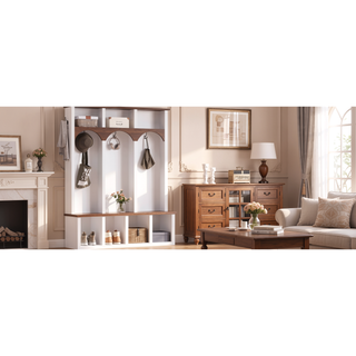 Sunvega Farmhouse Style Arched Entryway Storage Bench with 5 Hooks and 7 Cubbies