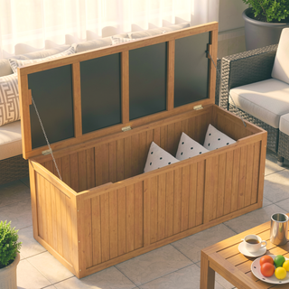 Sunvega 67 Gallon Outdoor Wooden Deck Box with Seat and Table Top