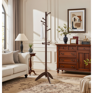 Sunvega Dark Brown Finish 7 Tiers 11 Hooks Solid Wood Coat Rack Stand