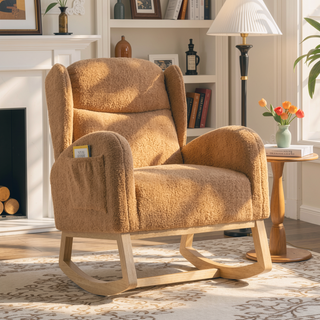 Sunvega Teddy Fabric Rocking Chair With Wood Legs For Living Room And Bedroom
