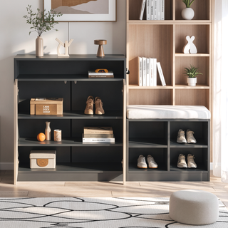 Sunvega Entryway Cabinet with Shoe Bench, 3-Tier Adjustable Shelves and Wavy Slatted Door