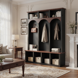 Sunvega Farmhouse Style Arched Entryway Storage Bench with 5 Hooks and 7 Cubbies