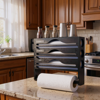 Sunvega 3-Section Bamboo Kitchen Organizer with Paper Towel Holder, Cutter and Storage Rack
