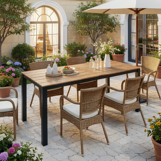 Sunvega Teak Finished Acacia Wood Outdoor Dining Table with Black Iron Legs