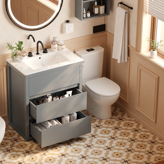 Sunvega Gray Bathroom Vanity with Ceramic Sink and 2 Soft Close Full-Extension Drawers
