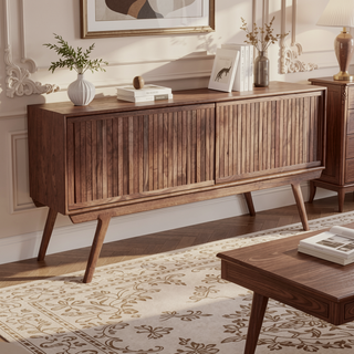Sunvega Contemporary Walnut Wood Media Cabinet with Sliding Doors and Angled Legs