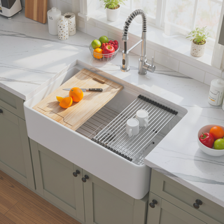 Sunvega 33 Inch White Porcelain Ceramic Farmhouse Kitchen Sink Workstation with Reversible Apron
