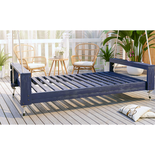 Sunvega Twin Size Acacia Wood Porch Swing Bed with Hemp Ropes for Garden