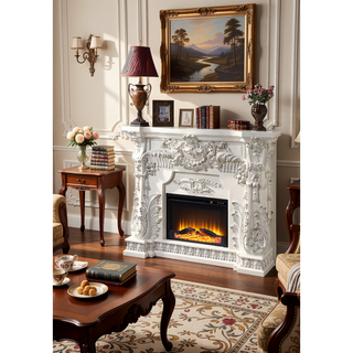 Sunvega Antique White Finish Nightstand with 2 Scrolled Floral Storage Drawers