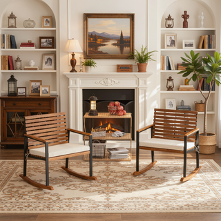 Sunvega Acacia Wood Rocking Chairs Set of 2 with Cushions and Armrests for Patio