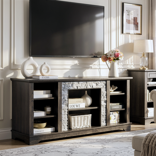 Sunvega Modern Faux Stacked Stone Mantel TV Media Stand with Open Storage