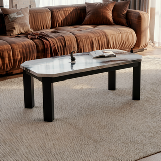 Sunvega Contemporary Faux Panda Marble Coffee Table with Black Wooden Legs