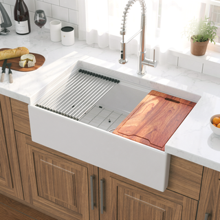 Sunvega 33 Inch White Porcelain Ceramic Farmhouse Kitchen Sink Workstation with Reversible Apron
