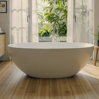 Sunvega Glossy White Freestanding Soaking Bathtub with Overflow and Pop-up Drain