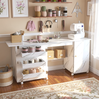Sunvega 4-in-1 Folding Sewing Table with Lockable Wheels and Shelves for Crafting