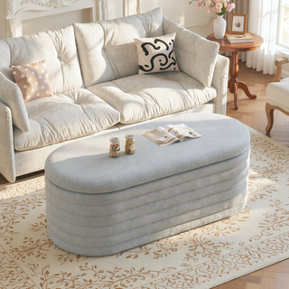 Sunvega Light Grey Upholstered Fabric Storage Ottoman Bench with Safety Hinge