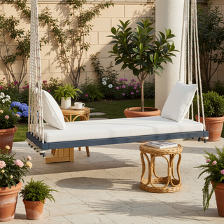 Sunvega Patio Wooden Swing Chair with Cushion and Pillows, Hanging Porch Bench for Garden and Backyard