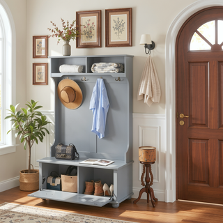 Sunvega Classic Coastal Style Entryway Bench with Open Shelves and Shoe Storage Cabinets