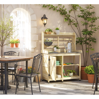 Sunvega Wooden Potting Bench with Storage Sink Water Tap for Patio Lawn Yard Garden