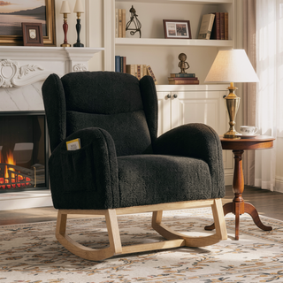 Sunvega Teddy Fabric Rocking Chair With Wood Legs For Living Room And Bedroom