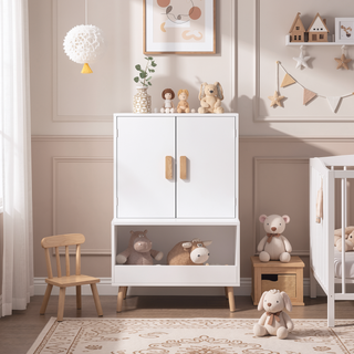 Sunvega White Modern Wooden Kids Toy Storage Cabinet with Doors and Open Shelf