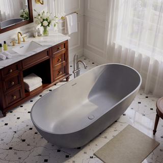 Sunvega Matte Gray 59 Inch Freestanding Stone Resin Bathtub with Overflow Drain