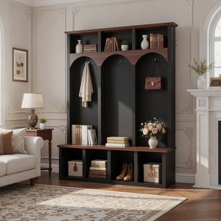 Sunvega Farmhouse Style Arched Entryway Storage Bench with 5 Hooks and 7 Cubbies