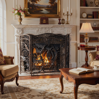 Sunvega Traditional Iron Fireplace Screen with Three-Panel Design and Floral Accents