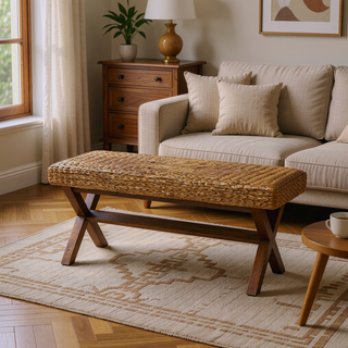 Sunvega Chestnut Wood Finish Seagrass Woven Dining or Bedroom Bench