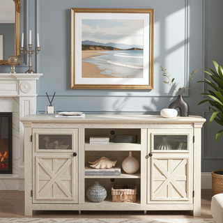 Sunvega Farmhouse TV Stand with 2 Doors and Open Storage for Media Console