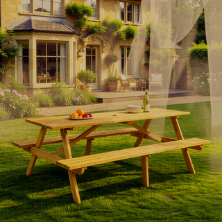 Sunvega Fir Wood Picnic Table with 2 Benches 75 Inch Dining Surface 2220lb Capacity