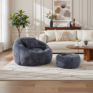Sunvega Modern Pumpkin Shape Bean Bag Chair with Ottoman for Living Room