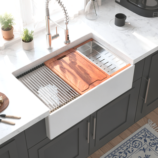 Sunvega 33 Inch White Porcelain Ceramic Farmhouse Kitchen Sink Workstation with Reversible Apron
