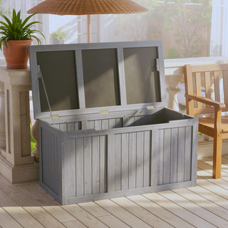 Sunvega 67 Gallon Outdoor Wooden Deck Box with Seat and Table Top