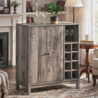 Sunvega Weathered Acacia Wood Wine Cabinet with Two Doors and Storage Cubbies