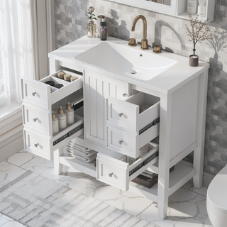 Sunvega 36 Inch Bathroom Vanity Cabinet Base with Drawers and Open Shelf in Black