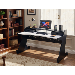 Sunvega Black and White Gaming Desk with Two Storage Drawers and Open Compartment