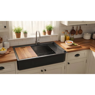 Sunvega 32 Inch Gunmetal Black Workstation Sink with Accessories and Jewelry-Grade PVD Coating